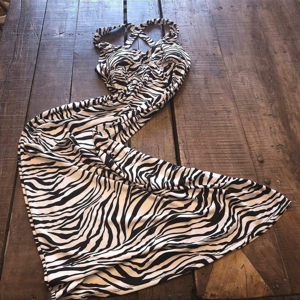 Black & White Zebra Print Maxi Sun Dress w/ Empire Waist Y2k Early 2000s Vintage